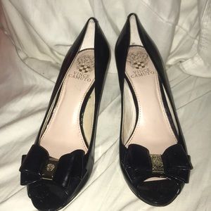 Navy blue patent leather Vince Camuto wedges